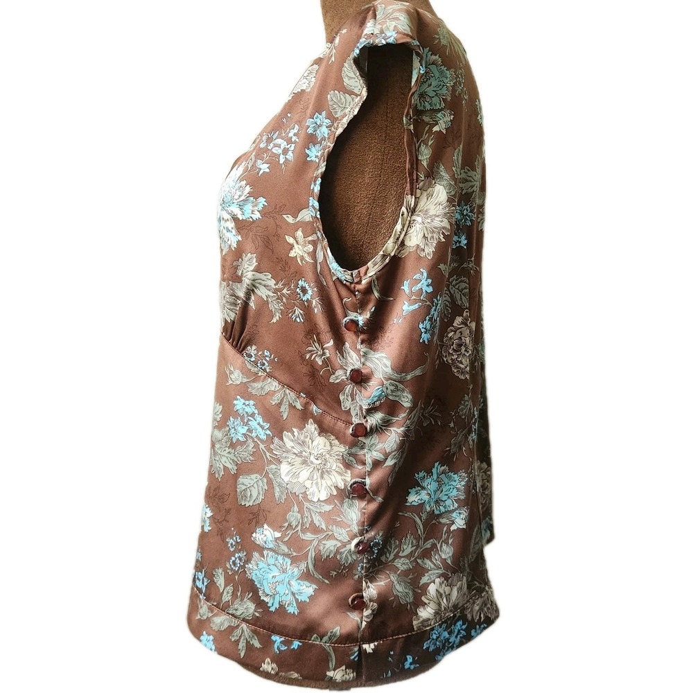 Vintage Y2K Top Brown Floral Fall Blouse Size M Satin French Cuff Button Side - Picture 3 of 8